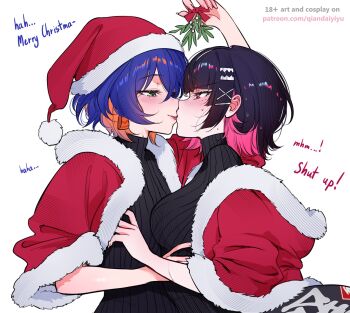 2girls arm_up belle_(zenless_zone_zero) black_hair blue_hair blush breasts colored_inner_hair commentary ellen_joe english_text fins fish_tail from_side fur-trimmed_headwear fur_trim green_eyes hair_ornament hairclip hat highres holding kiss large_breasts looking_at_another mistletoe mole mole_under_eye multicolored_hair multiple_girls orange_hair paid_reward_available pink_eyes pink_hair qiandaiyiyu santa_hat shark_tail short_hair smile tail turtleneck two-tone_hair upper_body white_background yuri zenless_zone_zero