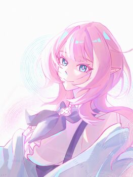 1girl absurdres blue_bow blue_bowtie blue_eyes blue_skirt bow bowtie breasts commentary_request elf elysia_(coco)_(honkai_impact) elysia_(honkai_impact) highres honkai_(series) honkai_impact_3rd large_breasts long_hair looking_at_viewer nswwenzi official_alternate_costume pink_hair pointy_ears shirt simple_background skirt solo suspender_skirt suspenders very_long_hair white_background white_shirt
