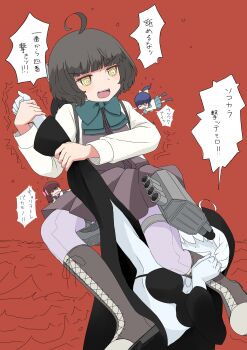 3girls absurdres black_hair boots bow commentary_request dress fairy_(kancolle) green_bow grey_dress grey_pantyhose highres kantai_collection kishinami_(kancolle) lace-up_boots mini_person minigirl multiple_girls pantyhose re-class_battleship red_background short_hair toplow torpedo_launcher yellow_eyes