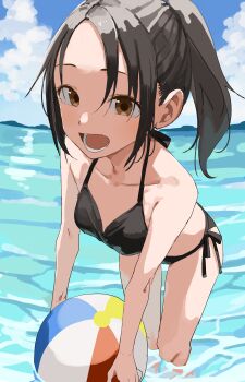 1girl absurdres ball bare_shoulders beachball bent_over bikini black_bikini black_hair breasts brown_eyes cloud collarbone commentary_request day hanging_breasts high_ponytail highres holding holding_ball holding_beachball leaning_forward lower_teeth_only manemane_nichinichi medium_breasts nagisa_akane ocean official_art open_mouth outdoors parted_bangs partially_submerged ponytail side-tie_bikini_bottom sky smile solo swimsuit teeth thighs tongue water yamamoto_souichirou