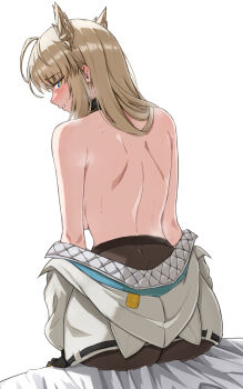 Rule 34 | 1girl, animal ears, arknights, arknights: endfield, ass, back, bird ears, bird girl, black pantyhose, blue eyes, blush, breasts, coat, commentary, embarrassed, fangs (fangs art), from behind, highres, looking at viewer, looking back, medium breasts, medium hair, pantyhose, perlica (arknights), simple background, sitting, solo, undressing, white background, white coat