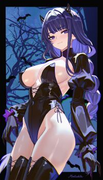 1girl absurdres alternate_costume artist_name ass black_boots black_gloves blunt_bangs bodysuit boots braid breasts commentary demon demon_horns english_commentary frilled_sleeves frills genshin_impact gloves hair_ornament halloween headpiece highres horns huge_ass huge_breasts large_breasts latex latex_bodysuit latex_gloves lingerie long_braid long_hair looking_at_viewer moetsukita multicolored_hair no_mole outdoors pale_skin purple_eyes purple_hair raiden_shogun single_braid smug standing streaked_hair thigh_boots thighs underwear upper_body