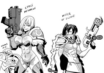 Rule 34 | 1girl, 2boys, abs, adeptus astartes, armor, bolter, breasts, cape, commentary, flamer, flamethrower, gauntlets, genderswap, genderswap (ftm), genderswap (mtf), greyscale, gun, hashtag-only commentary, holding, holding flamethrower, holding gun, holding weapon, kukuruyo, large breasts, loincloth, looking at viewer, monochrome, multiple boys, muscular, muscular female, muscular male, navel, pauldrons, ponytail, short hair, shoulder armor, simple background, skull, smirk, stomach, warhammer 40k, weapon