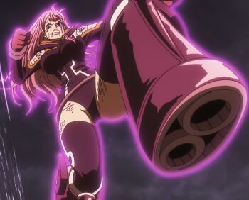 1girl anime_screenshot aura boots breasts clenched_hands curvy jewelry_bonney jewelry_bonney_(egghead) jumping large_breasts leotard lipstick long_hair makeup one_piece pink_hair purple_leotard red_lips red_thighhighs ryona sky solo stitched teeth thighhighs third-party_edit toei_company wide_hips