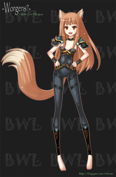 1girl animal_ears barefoot blush choker crossover female_focus hands_on_own_hips holo leather long_hair nefarian orange_hair red_eyes smile solo spice_and_wolf tail teeth warcraft wolf_ears wolf_tail worgen world_of_warcraft