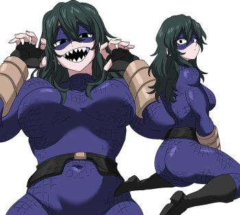 black_eyes bodysuit boku_no_hero_academia boots breasts commentary domino_mask eye_mask fingerless_gloves gloves green_hair highres kneeling long_hair mask multiple_views nasu_(ilo_a5) open_mouth purple_bodysuit sharp_teeth superhero_costume teeth tokage_setsuna