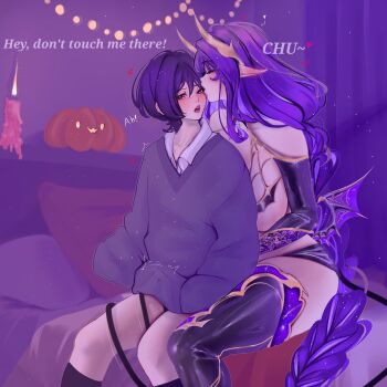 1boy 1girl alternate_costume ange510763 anger_vein bat_wings behind_another black_thighhighs braid breasts bulge candle candlelight casual closed_eyes collared_shirt contemporary curtains english_text eyelashes genshin_impact gold_trim grey_sleeves grey_sweater halloween halloween_costume heart hetero highres horns incest indoors jack-o&#039;-lantern kiss kissing_eye large_breasts long_hair long_sleeves low-braided_long_hair low-tied_long_hair low_wings mother_and_son on_bed pillow pointy_ears purple_hair purple_wings raiden_shogun raiden_shogun_(magatsu_mitake_narukami_no_mikoto) scaramouche_(genshin_impact) shirt shrug_(clothing) sitting sitting_between_lap sleeves_past_fingers sleeves_past_wrists sweater tail tail_around_another&#039;s_leg tail_wrap thighhighs undershirt v-neck very_long_hair white_shirt wings yellow_horns yellow_shrug