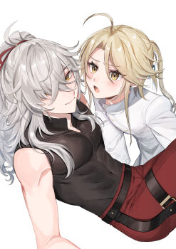 2boys ahoge androgynous black_shirt blush grey_background hair_over_one_eye highres honkai:_star_rail honkai_(series) jacket jing_yuan long_sleeves male_focus mole mole_under_eye multiple_boys one_eye_covered pants ponytail red_pants shirt simple_background sleeveless sleeveless_shirt sushi_171 white_hair white_jacket yanqing_(honkai:_star_rail) yellow_eyes