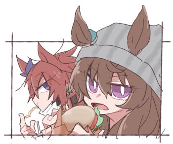 Rule 34 | 2girls, animal ears, beanie, beer hsk, blue ribbon, bow, brown hair, burger, commentary request, ear ribbon, ears through headwear, eating, food, french fries, from side, grey hat, hair between eyes, hat, holding, holding food, horse ears, long hair, mask, mask pull, mouth mask, multiple girls, nakayama festa (umamusume), orfevre (old design) (umamusume), profile, purple eyes, ribbon, striped clothes, striped headwear, umamusume, vertical-striped clothes, vertical-striped headwear, white background