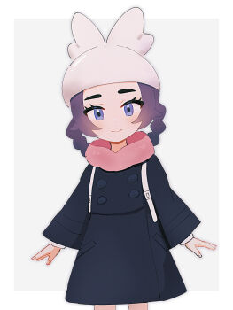 1girl ansha_(pokemon) black_coat closed_mouth coat commentary_request cowboy_shot eyelashes grey_background grey_eyes hat highres long_hair long_sleeves looking_at_viewer nanimo_(7nai_nanimo) nintendo pink_scarf pokemon pokemon_legends:_z-a scarf smile solo white_hat