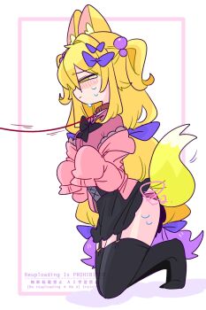 1boy :/ animal_ear_fluff animal_ears beads black_bow black_bowtie black_corset black_skirt black_thighhighs blonde_hair blush bow bowtie cardigan closed_mouth collar collared_shirt colored_tips commentary corset crossdressing crossdressing_(mtf) fox_boy fox_ears fox_tail from_side garter_straps hair_beads hair_between_eyes hair_bow hair_intakes hair_ornament hands_up highres kapela_(op_na_yarou) kneeling leash long_hair long_sleeves male_focus miniskirt multicolored_hair multiple_hair_bows narrowed_eyes no_shoes off_shoulder op_na_yarou open_cardigan open_clothes original panties panty_straps pink_cardigan pink_panties pink_shirt purple_bow purple_hair raised_inner_eyebrows red_collar shirt sidelocks simple_background skirt sleeves_past_fingers sleeves_past_wrists solo sweat tail thighhighs trap two-tone_hair two_side_up underwear very_long_hair watermark white_background yellow_eyes