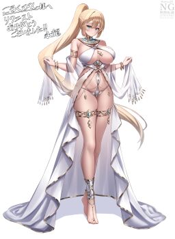 1girl ancient_egyptian_clothes bare_shoulders barefoot blonde_hair breasts center_opening cleavage commentary_request commission dress eiryu33 gem gold gold_trim green_eyes green_gemstone high_ponytail highres large_breasts long_hair o-ring original ponytail revealing_clothes see-through_clothes see-through_dress see-through_shawl shawl simple_background skeb_commission sleeveless sleeveless_dress solo translation_request usekh_collar very_long_hair white_background white_dress