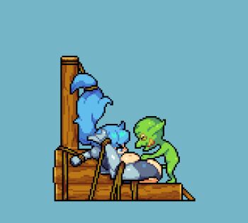 1boy 1girl angry animated animated_gif armor badcolor blue_background blue_eyes blue_hair bouncing_breasts bound breasts colored_skin folded from_side goblin goblin_male green_skin heroine_conquest hetero large_breasts legs_up looking_at_another missionary pantyhose pixel_art simple_background size_difference taller_female torn_clothes torn_pantyhose