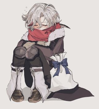 1boy 5g_ttt black_coat black_gloves blue_bow blush bow brown_shoes closed_eyes coat commentary fur_trim genshin_impact gloves grey_background grey_hair highres illuga_(genshin_impact) knee_pads mole mole_under_eye multicolored_hair red_hair red_scarf scarf shoes symbol-only_commentary two-tone_hair white_bag