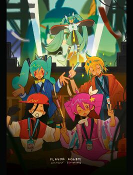 1boy 4girls antenna_hair aqua_hair aqua_skirt aqua_streaks black_gloves black_jacket blonde_hair blue_hair bow bowtie cable cable_tail closed_eyes collared_shirt commentary concert connect:commune_(vocaloid) double_v drill_hair ego_renegade_boy_(vocaloid) english_commentary gloves glowstick grey_sweater_vest hand_up happi hatsune_miku hatsune_miku_expo highres jacket japanese_clothes kagamine_len kasane_teto kasane_teto_(sv) lanyard long_hair low_ponytail mask mechanical_tail megshrooom mouth_mask multicolored_hair multiple_girls one_eye_closed open_mouth pink_hair ponytail shirt skirt smile sparkle spoken_for_(synthesizer_v) static_(vocaloid) streaked_hair sweater_vest synthesizer_v tail tongue tongue_out twin_drills twintails utau v very_long_hair vocaloid white_mask white_shirt yellow_bow yellow_bowtie yi_xi_(synthesizer_v)