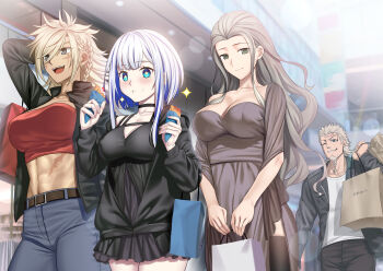 1boy 3girls abs absurdres aslaug_(fate) bag bare_shoulders beard belt besmiled black_dress black_jacket blonde_hair blue_eyes blue_hair blue_pants blush breasts brown_dress brown_hair choker cleavage colored_inner_hair crepe denim dress eating facial_hair fate:lost_einherjar fate_(series) food grey_eyes grey_hair grin hair_pulled_back highres jacket jeans lagertha_(fate) large_breasts long_hair long_sleeves looking_at_viewer midriff multicolored_hair multiple_girls navel off_shoulder one_eye_closed pants ragnar_lodbrok_(fate) red_tube_top scar shawl shirt shopping_bag smile sparkle strapless tan thora_borgarhjort_(fate) toned toned_female tube_top white_hair white_shirt