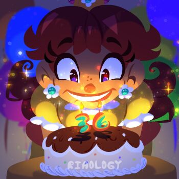 Rule 34 | 1girl, anniversary, artist name, birthday, birthday cake, brown hair, cake, candle, crown, dress, earrings, flower earrings, food, grin, happy birthday, highres, jewelry, mario (series), nintendo, orange dress, princess daisy, puffy short sleeves, puffy sleeves, short sleeves, smile, super mario land
