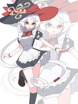 1girl apricotlemontea apron black_socks blue_archive brown_eyes commentary_request eri_(blue_archive) halo hat highres looking_at_viewer maid maid_apron red_ribbon ribbon socks solo thighs white_apron white_background white_hair witch_hat yellow_halo