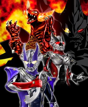 2boys alien armor armored_darkness black_skin breastplate colored_skin commentary compound_eyes cracked_helmet cropped_torso dinosaur eye_slugger fiery_background fire glowing glowing_eyes glowing_horns gomora hands_up hanejidyna86 heterochromia highres holding holding_weapon horns kaiju looking_at_viewer looking_down looking_up male_focus monster multiple_boys multiple_horns nose_horn open_mouth pectorals red_eyes red_scales red_skin reimon reimon_(burst_mode) reionic_burst_gomora roaring scales sharp_teeth shoulder_armor silver_skin teeth tokusatsu toned toned_male twitter_username ultra_galaxy_(series) ultra_galaxy_mega_dai-kaijuu_battle ultra_series upper_body weapon wrinkled_skin wrist_blades yellow_eyes