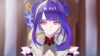 Rule 34 | 1girl, alternate costume, alternate hairstyle, alternate universe, blunt bangs, blurry, blurry background, breasts, chinese clothes, cleavage, closed mouth, commentary, covered collarbone, earrings, english commentary, expressionless, eyeliner, fur trim, genshin impact, hair ornament, highres, indoors, jewelry, looking at viewer, makeup, mole, mole under eye, multicolored hair, neck ribbon, purple eyes, purple hair, raiden shogun, red eyeliner, red ribbon, ribbon, shindo (shindoart1), solo, streaked hair, upper body