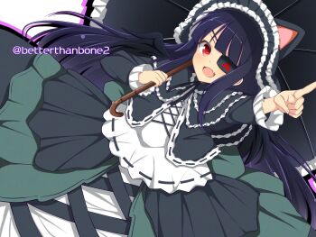 1girl animal_ears animal_hood betterthanbone2 black_hair black_umbrella cat_ears cat_hood commentary_request eyepatch flat_chest gothic_lolita highres hood lolita_fashion long_hair looking_at_viewer mirai_(senran_kagura) open_mouth red_eyes senran_kagura smile solo tomoe_(symbol) umbrella umbrella_gun