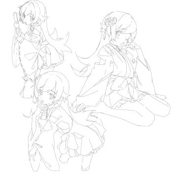 1girl :o absurdres arm_at_side arm_support bare_legs barefoot blush_stickers bow broom choker clothing_cutout cowboy_shot cropped_legs flipped_hair from_side full_body hair_between_eyes hair_flaps hair_ornament hand_on_own_cheek hand_on_own_face hand_to_own_mouth highres holding holding_broom inward_w japanese_clothes kanzashi kimono leaning_forward leaning_on_broom legs_together lineart long_hair looking_at_viewer mesugaki_pose miniskirt monogatari_(series) multiple_views nontraditional_miko one_eye_closed open_mouth oshino_shinobu petticoat pointy_ears ribbon-trimmed_sleeves ribbon_trim ringed_eyes shishirui_san side_cutout simple_background sitting skirt smirk tsumami_kanzashi two-handed very_long_hair wariza white_background wide_sleeves