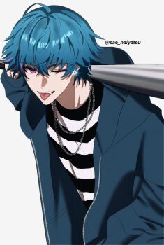 Rule 34 | 1boy, ;p, baseball bat, black jacket, blue hair, brant (wuthering waves), chain, chain necklace, commentary, earrings, grey background, hair between eyes, hand in pocket, highres, holding, holding baseball bat, hood, hood down, hooded jacket, jacket, jewelry, male focus, multicolored hair, necklace, one eye closed, sae naiyatsu, shirt, short hair, simple background, solo, streaked hair, striped clothes, striped shirt, symbol-only commentary, tongue, tongue out, twitter username, upper body, wuthering waves