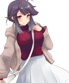 1girl between_breasts black_hair breasts brown_eyes brown_jacket commentary_request grey_hair hand_on_own_chest hayanami_(kancolle) hayanami_(valentine)_(kancolle) highres hirune_(konekonelkk) hood hooded_jacket jacket kantai_collection medium_breasts red_sweater short_hair simple_background skirt solo strap_between_breasts sweater white_background white_skirt