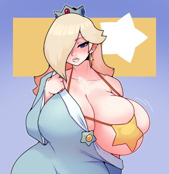 1girl alternate_breast_size_(larger) aqua_dress bikini biting_own_lip blonde_hair blue_dress blue_eyes breasts brooch bursting_breasts cleavage crown dabble deep_skin dress dress_slip earrings hair_over_one_eye half-closed_eyes hand_up highres huge_breasts jewelry lips long_hair long_sleeves looking_at_viewer mario_(series) nintendo off-shoulder_dress off_shoulder one_breast_out parted_lips pink_lips rosalina solo star-shaped_bikini star_(symbol) star_brooch star_earrings swimsuit wide_sleeves yellow_bikini