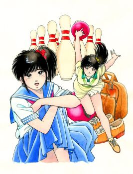 Rule 34 | 1girl, aikawa riri, arm up, ball, black eyes, black hair, blue sailor collar, blue skirt, bow, bowling ball, bowling pin, brown bag, brown shoes, closed mouth, commentary request, green shirt, green skirt, hair bobbles, hair ornament, hair ribbon, highres, holding, holding ball, leaning forward, miniskirt, miura mitsuru, multiple views, neckerchief, official art, open mouth, pink neckerchief, pink spat, pleated skirt, ponytail, red bow, ribbon, sailor collar, school uniform, serafuku, shirt, shoes, short sleeves, side ponytail, simple background, sitting, skirt, smile, standing, standing on one leg, white background, white shirt, yellow ribbon