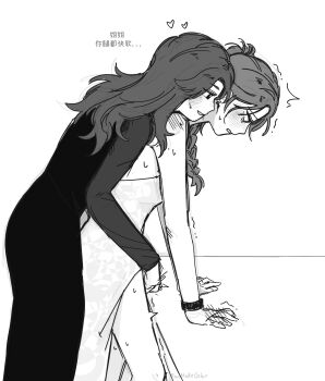 2girls absurdres blush braid character_request copyright_request couple dress from_side greyscale hand_blush highres implied_fingering long_hair long_sleeves looking_down monochrome multiple_girls open_mouth profile racmakecolor single_braid sleeveless sleeveless_dress standing translation_request yuri