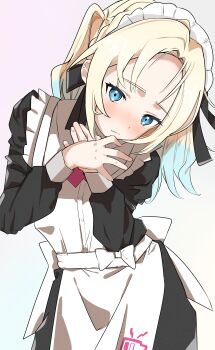 1girl absurdres apron black_dress blonde_hair blue_hair cho_toutoi_love commentary_request cowboy_shot curtained_hair dress gradient_hair highres link!_like!_love_live! llb long_hair long_sleeves love_live! maid maid_headdress multicolored_hair osawa_rurino parted_bangs simple_background solo tearing_up two_side_up virtual_youtuber white_apron white_background