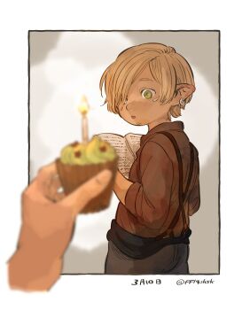 1boy 1other ano_amesuke blonde_hair blurry blurry_foreground book brown_shirt candle commentary_request cupcake earrings facial_hair facial_mark final_fantasy final_fantasy_xiv food freckles goatee green_eyes hair_over_one_eye highres holding holding_book jewelry lalafell male_focus pointy_ears shirt suspenders twitter_username warrior_of_light_(ff14)