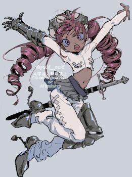 Rule 34 | 1girl, arm armor, arms up, breasts, character request, copyright request, crop top, dark-skinned female, dark skin, dress, drill hair, full body, gauntlets, grey background, hat, highres, kinuc, leg armor, long hair, long sleeves, midriff, navel, open mouth, outstretched arms, pants, pants under skirt, purple dress, purple eyes, single gauntlet, single leg armor, small breasts, smile, solo, star-shaped pupils, star (symbol), sword, symbol-shaped pupils, twin drills, very long hair, watermark, weapon