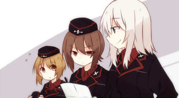 Rule 34 | 10s, 3girls, black hat, black jacket, blue eyes, brown eyes, brown hair, closed mouth, dress shirt, flying sweatdrops, fud, garrison cap, girls und panzer, hat, holding, itsumi erika, jacket, kuromorimine military uniform, long hair, long sleeves, looking at viewer, military, military hat, military uniform, multiple girls, nishizumi maho, nishizumi miho, paper, pen, portrait, red shirt, shirt, short hair, silver hair, smile, standing