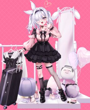 1girl absurdres alternate_costume arashiomoto balloon blue_archive commentary_request doodle_sensei_(blue_archive) fishnet_socks fishnet_thighhighs fishnets hair_over_one_eye highres jirai_kei long_sleeves pink_shirt plana_(blue_archive) sensei_(blue_archive) shirt single_thighhigh skirt socks thighhighs