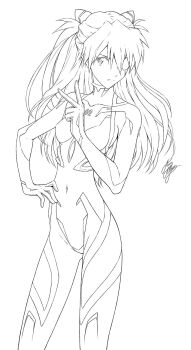 1girl bodysuit breasts evangelion:_3.0_you_can_(not)_redo eyepatch greyscale hair_over_one_eye hand_on_own_hip highres interface_headset_(evangelion) long_hair marco_albiero mecha_pilot_suit medium_breasts monochrome neon_genesis_evangelion plugsuit_(evangelion) rebuild_of_evangelion signature sketch skin_tight white_background
