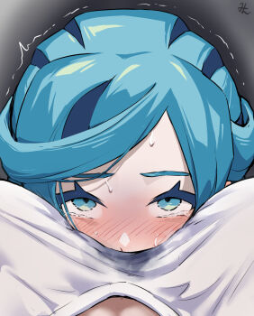 1boy 1girl aqua_eyes aqua_hair asphyxiation between_breasts blush breasts commentary_request face_between_breasts grusha_(pokemon) half-closed_eyes head_between_breasts hetero highres min_(myna8247) nintendo pokemon pokemon_sv rolling_eyes shirt signature sweat tearing_up trembling wet wet_clothes wet_shirt white_shirt
