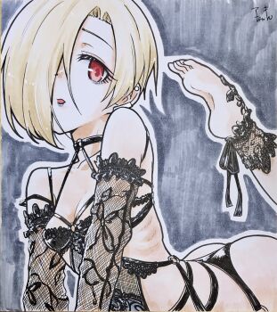 1girl barefoot blonde_hair breasts commentary_request feet gloves hair_over_one_eye highres higurashi_aki idolmaster idolmaster_cinderella_girls lace lace_gloves latex leg_up loli looking_at_viewer parted_lips red_eyes revealing_clothes shikishi shirasaka_koume short_hair small_breasts solo toes