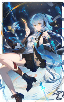 1girl absurdres black_boots black_jacket blue_hair boots braid breasts buling_(wuthering_waves) chinese_commentary coin commentary_request dress hair_between_eyes headphones highres holding holding_coin holding_ofuda jacket long_hair looking_at_viewer medium_breasts ofuda parted_lips qianqianjie side_ponytail solo very_long_hair white_dress wuthering_waves yellow_eyes