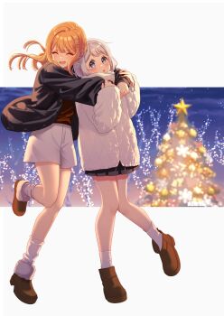 Rule 34 | 2girls, absurdres, arms around neck, black jacket, black skirt, blue eyes, blush, christmas tree, closed eyes, commentary request, full body, gakuen idolmaster, grey hair, highres, hug, idolmaster, jacket, katsuragi lilja, long hair, long sleeves, meronnpannpi, multiple girls, orange hair, shiun sumika, short hair, shorts, skirt, socks, white jacket, white shorts, white socks