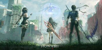 1boy 2girls artist_name bare_shoulders black_bow black_gloves black_hair black_jacket black_pants boots bow chisa_(wuthering_waves) commentary elbow_pads english_text female_rover_(wuthering_waves) from_behind gloves hair_bow holding holding_scythe holding_sword holding_weapon jacket jvn long_hair male_rover_(wuthering_waves) multiple_girls pants rover_(wuthering_waves) scythe sword thigh_boots thighs title weapon wuthering_waves