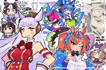 @_@ absurdres ahoge animal_ears aqua_hair armband blue_hair blue_hat blue_jacket boots bourbunbun bow braid brown_hair brown_hat center_frills cigarette cleft_chin coat commentary corset cowboy_hat crossed_bangs daiwa_scarlet_(peak_blue)_(umamusume) daiwa_scarlet_(umamusume) dress ear_bow ears_through_headwear english_commentary epaulettes fang frills gloves gold_ship_(red_strife)_(umamusume) gold_ship_(umamusume) grey_hair hair_intakes hair_ornament hairclip half_up_braid hat heterochromia highres hol_horse hood hoodie horse_ears horse_girl horse_tail horseshoe_ornament jacket jojo_no_kimyou_na_bouken matikanetannhauser_(panpaka_tiltott)_(umamusume) matikanetannhauser_(umamusume) multicolored_coat multicolored_hair multicolored_hoodie multiple_girls newsboy_cap pillbox_hat purple_bow red_corset red_dress school_uniform sharp_teeth sleeveless sleeveless_dress special_week_(umamusume) striped_armband striped_bow striped_clothes stuffed_animal stuffed_rabbit stuffed_toy tail teeth tiara tilted_headwear tracen_school_uniform twin_turbo_(blast_mode!_turbo_engine)_(umamusume) twin_turbo_(umamusume) twintails two-tone_hair umamusume white_gloves yellow_boots