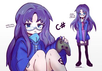 1girl absurdres black_pantyhose black_shoes blue_eyes blue_jacket c_sharp_(programming_language) closed_mouth collared_shirt commentary controller english_commentary english_text expressionless full_body game_controller glasses grey-framed_eyewear highres holding holding_controller holding_game_controller jacket lerimar long_hair looking_at_viewer necktie original pantyhose personification pink_necktie profanity purple_hair shirt shoes sitting standing white_shirt xbox_controller