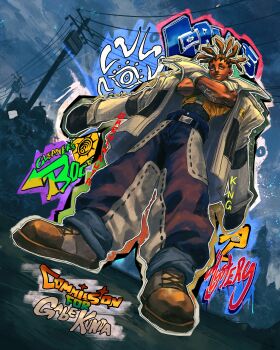 1boy absurdres arkha_corvus baggy_pants brown_shoes character_name coat coat_on_shoulders commission copyright_name cornrows cropped_vest crossed_arms dark-skinned_male dark_skin ear_piercing eye_symbol from_below full_body gachiakuta gloves graffiti highres kornart looking_at_viewer male_focus multicolored_outline multiple_piercings outdoors outline pants piercing pile_of_trash power_lines purple_eyes shirt shoes sleeveless sleeveless_shirt smile solo standing television trash_bag utility_pole very_dark_skin vest white_coat white_gloves yellow_vest