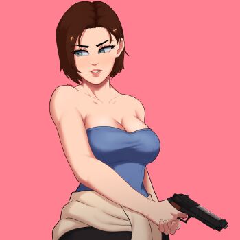 Rule 34 | 1girl, absurdres, bare shoulders, blue eyes, blue tube top, breasts, brown hair, cleavage, clothes around waist, gun, handgun, highres, holding, holding gun, holding weapon, jill valentine, kryokenn, parted lips, pink background, resident evil, resident evil 3: nemesis, short hair, simple background, strapless, sweater, sweater around waist, tube top, weapon