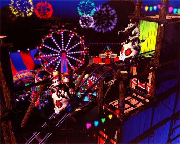 3d amusement_park ape circus diddy_kong dixie_kong donkey_kong_(series) ferris_wheel fireworks kremling monkey nintendo promotional_art rareware roller_coaster