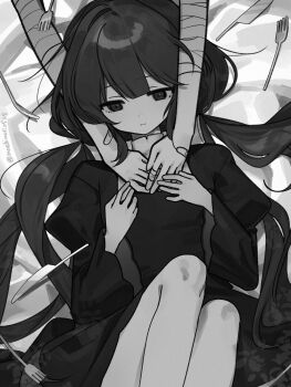 1girl 1other arms_around_neck bandaged_arm bandages bandaid bandaid_on_hand bed_sheet commentary_request dress expressionless feet_out_of_frame fork greyscale highres inabakumori juliet_sleeves knees_up knife long_sleeves looking_at_viewer low_twintails mochimoti0528 monochrome osage_(nukunuku_nigirimeshi) out_of_frame puffy_sleeves short_dress solo_focus spot_late_(vocaloid) tearing_up twintails twitter_username