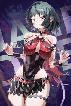 1girl absurdres animal_ears animal_nose bare_shoulders black_hair black_one-piece_swimsuit black_sarong breasts character_name commentary fishnet_sleeves fishnets gang_ryeol green_eyes highres jane_doe_(nocturne_of_light)_(zenless_zone_zero) jane_doe_(zenless_zone_zero) large_breasts long_hair looking_at_viewer mouse_ears mouse_girl official_alternate_costume one-piece_swimsuit red_hair red_nails sarong smile solo swimsuit thighs very_long_hair zenless_zone_zero