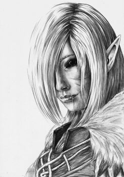 1girl black_eyes cape cloak cross_scar elf facial_scar fur_cape greyscale hair_over_one_eye kerillian monochrome pointy_ears portrait scar scar_on_cheek scar_on_face scar_on_mouth short_hair simple_background solo stormo traditional_media vermintide vermintide_2 warhammer:_vermintide warhammer_fantasy